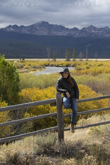 Caucasian woman under Sawtooth Range