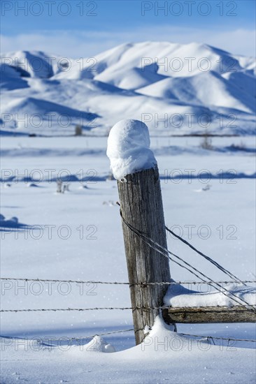 Snow piles on fence in rural landscape