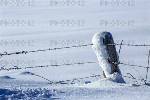 Snow piles on fence in rural landscape