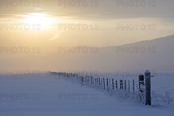 Sunrise over fence in snowy rural landscape