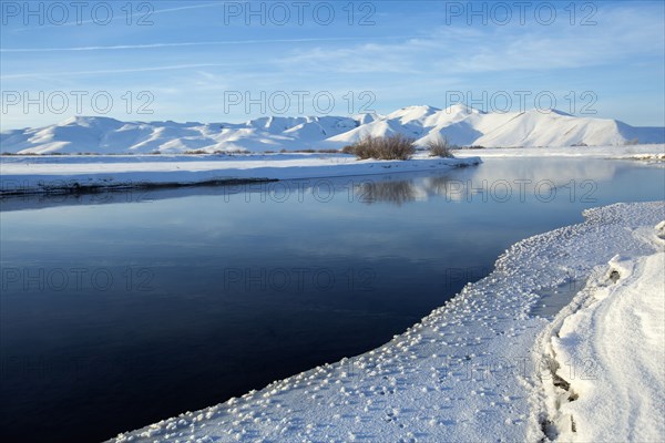 Still river in snowy remote landscape