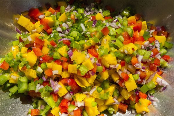 Diced peppers and onions in bowl