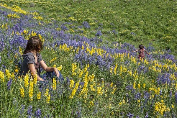 Caucasian mother watching daughter running on hillside with wildflowers