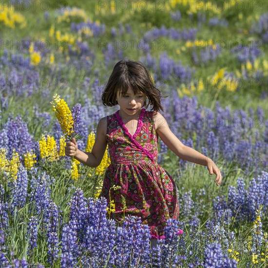 Caucasian girl holding bouquet on hillside with wildflowers