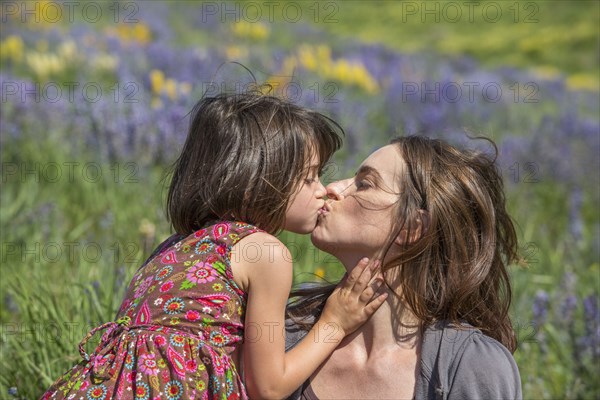 Caucasian mother and daughter kissing on hillside with wildflowers
