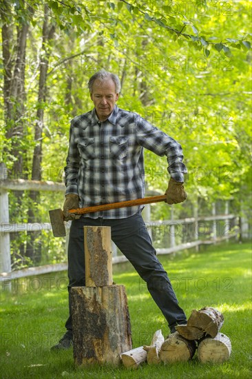 Caucasian man chopping wood