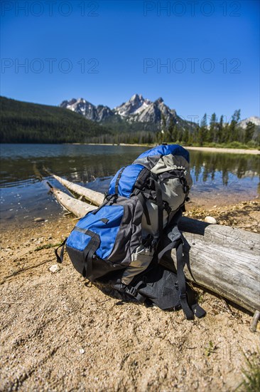 Backpack leaning on log near river