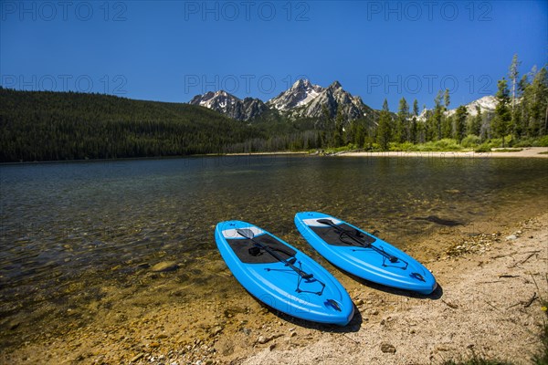 Blue paddleboards at river