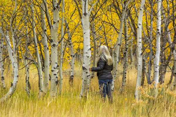 Caucasian woman standing in forest in autumn