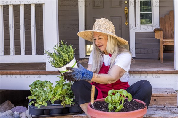 Caucasian woman planting seedling on front stoop