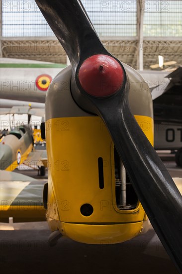 Close up of propeller on antique airplane in hangar