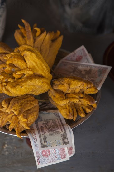 Close up of fruit and money in shrine