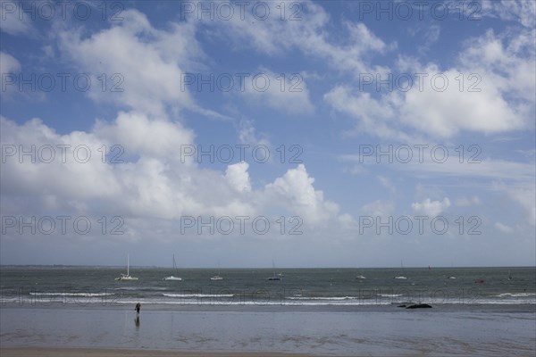 Tourist standing in waves on beach