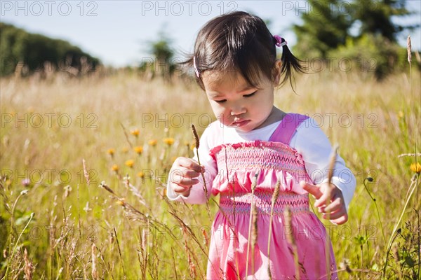 Curious Chinese girl looking at flower