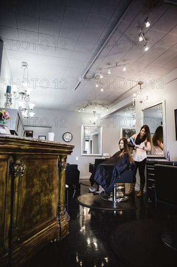 Stylist brushing client's hair in salon