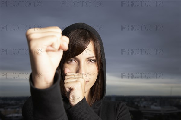 Hispanic woman in fighting stance