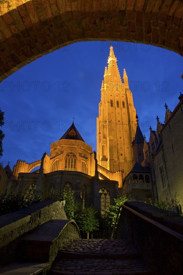 Illuminated bell tower on cathedral