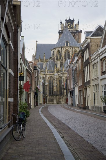 Dutch church and cobblestone street