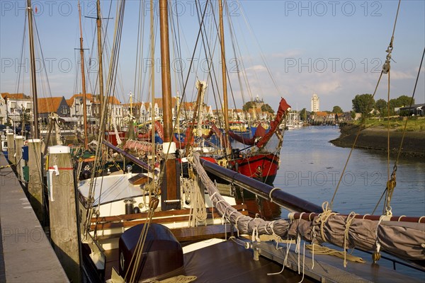 Sailboats moored in harbor