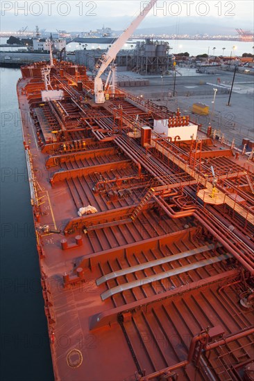 High angle view of deck piping on oil tanker ship