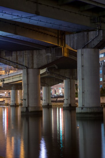 Highway overpass pillars in urban river