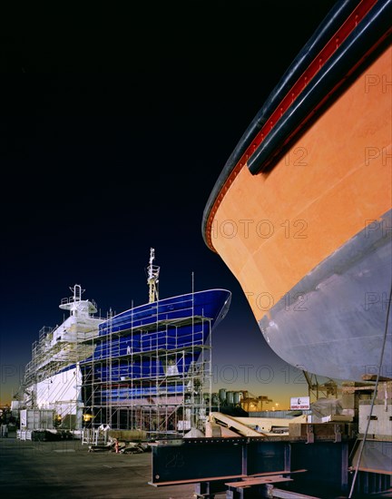Scaffolding on ship in shipyard