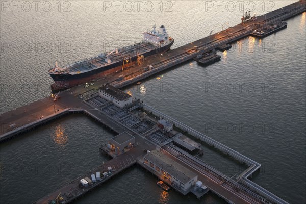 Aerial view of freighter at port
