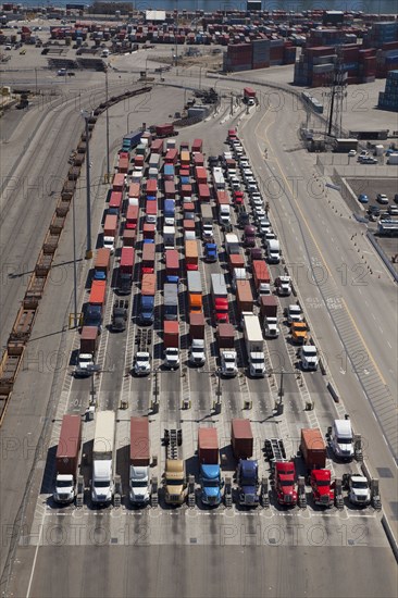 Aerial view of cargo containers on semi-trucks