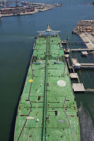 Aerial view of freighter at port