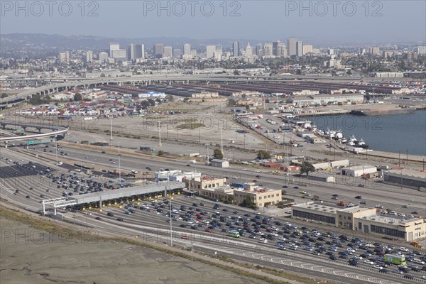 Aerial view of cars at toll plaza