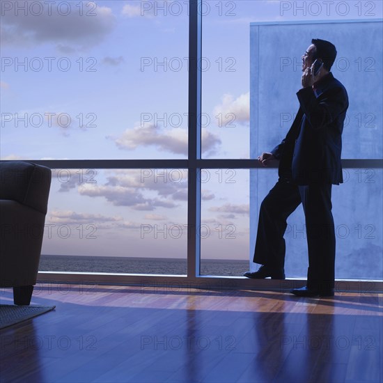 Asian businessman talking on cell phone at window