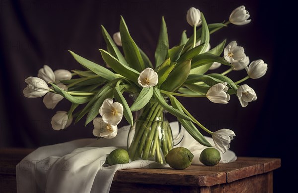 White flowers in vase with limes and blanket