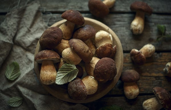 Bowl of mushrooms on wooden table