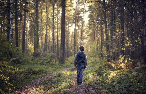 Caucasian boy wandering in forest