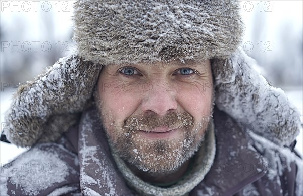 Portrait of Caucasian man with ice in bear in winter