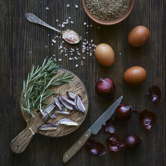 Ingredients on wooden table