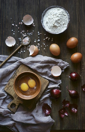 Ingredients for baking on wooden table