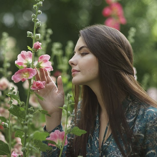 Caucasian woman admiring pink flowers