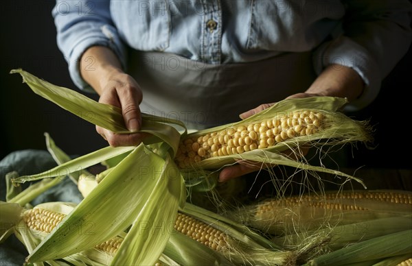 Close up of Caucasian woman shucking corn