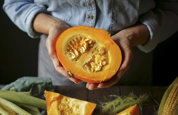 Hands of Caucasian woman showing sliced squash