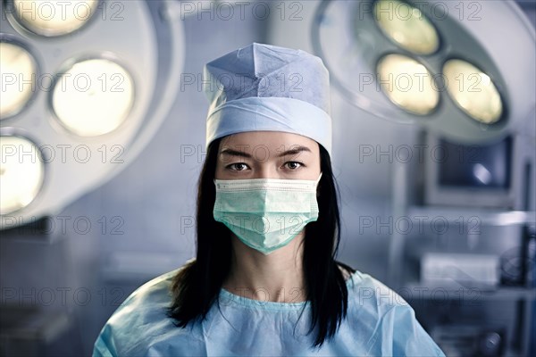 Caucasian surgeon wearing mask in operating room