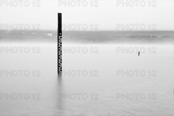 Wooden measuring post in water