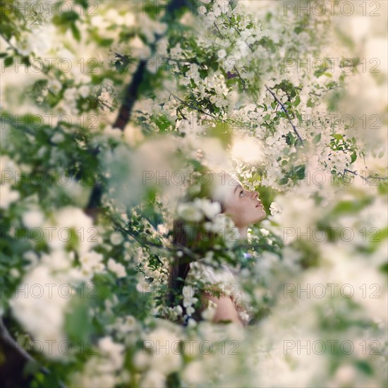 Caucasian girl sitting in flowering tree