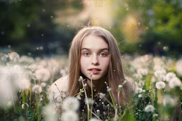 Caucasian girl laying in tall grass and dandelions