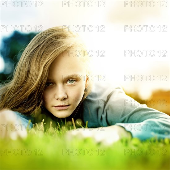 Caucasian woman laying in grass