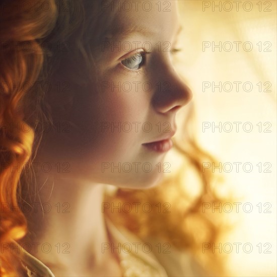 Profile of Caucasian teenage girl with curly hair