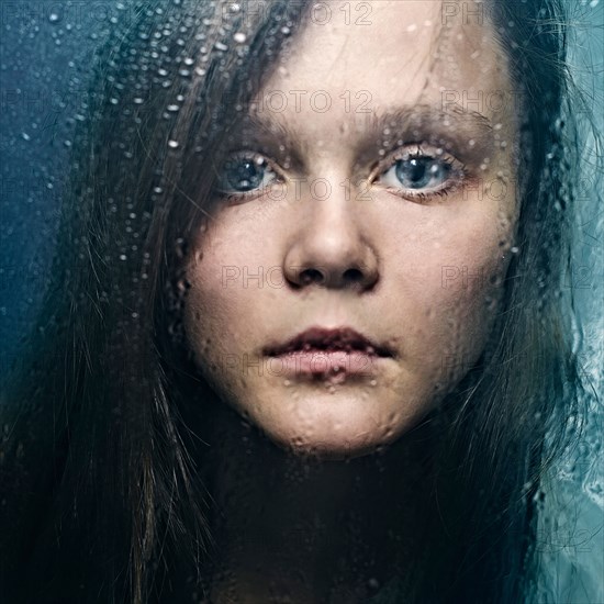 Caucasian woman standing at wet glass