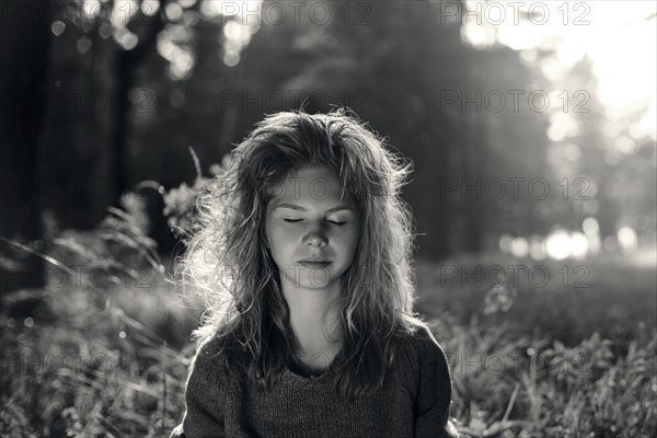 Caucasian girl with eyes closed in field