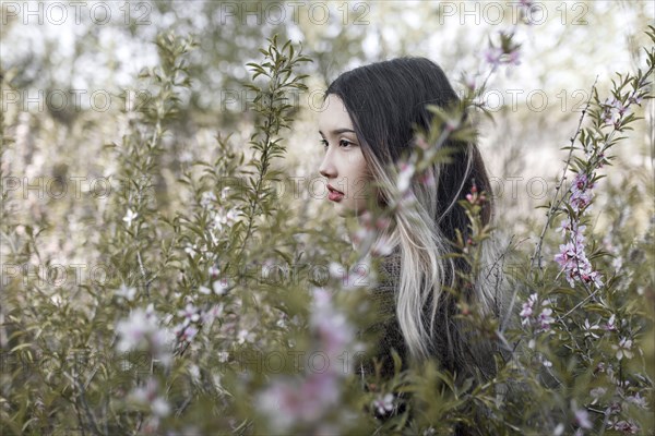 Asian teenage girl standing in flowers