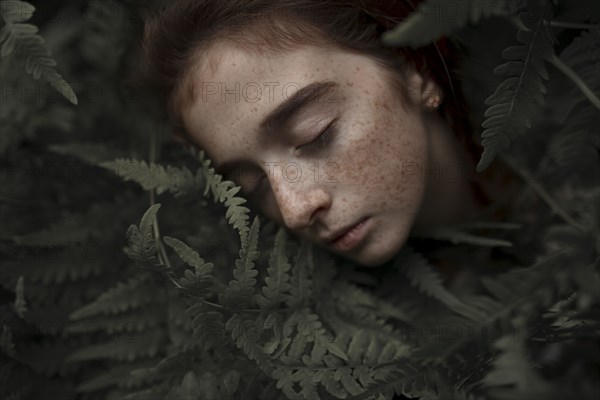 Caucasian girl with freckles resting in leaves